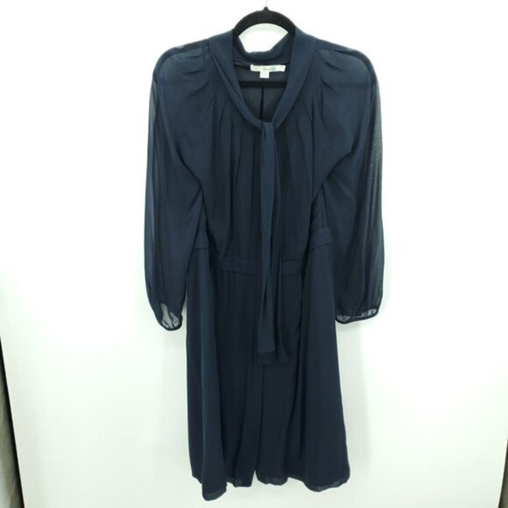 Boden 100% Silk Tie Neck Long Sleeve Midi Dress 12 US Navy Blue